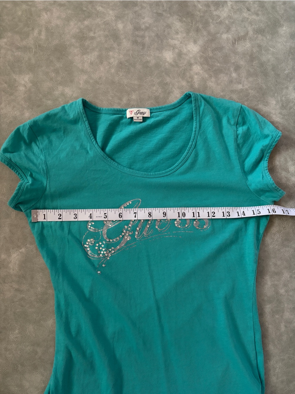 Y2K Guess Teal Rhinestone Short Sleeve Model Off Duty Baby Tee - Picture 12 of 13